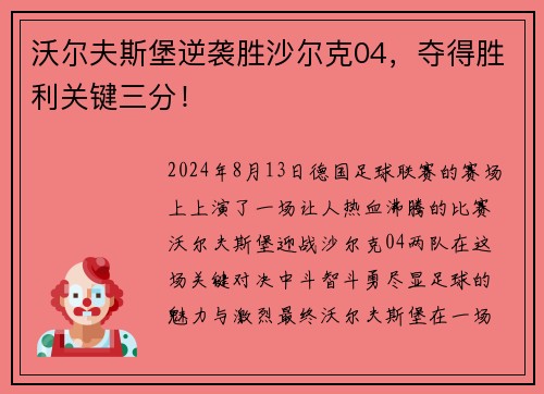 沃尔夫斯堡逆袭胜沙尔克04，夺得胜利关键三分！