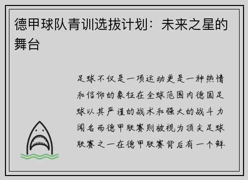 德甲球队青训选拔计划：未来之星的舞台