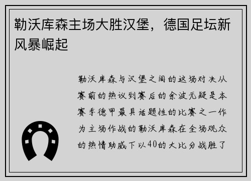 勒沃库森主场大胜汉堡，德国足坛新风暴崛起